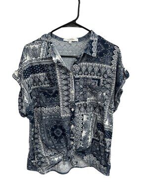 Eden & Olivia XL Blue White Paisley Button Down Blouse Tie Front Boho Chic